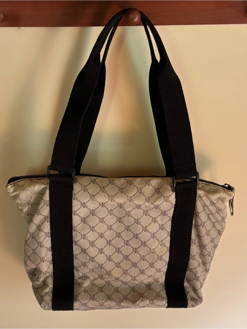 VTG Lauren Ralph Lauren Signature Monogram Tote Bag Gray Black Nylon Y2K Travel